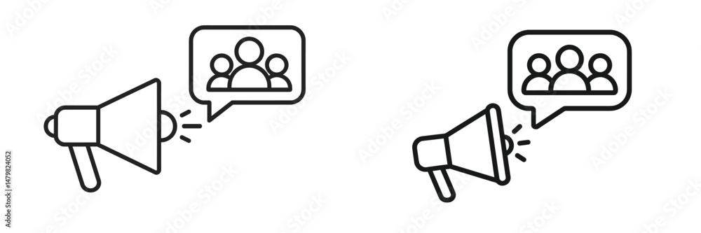Poster set of web icons showcasing a megaphone with speech bubbles depicting groups of people