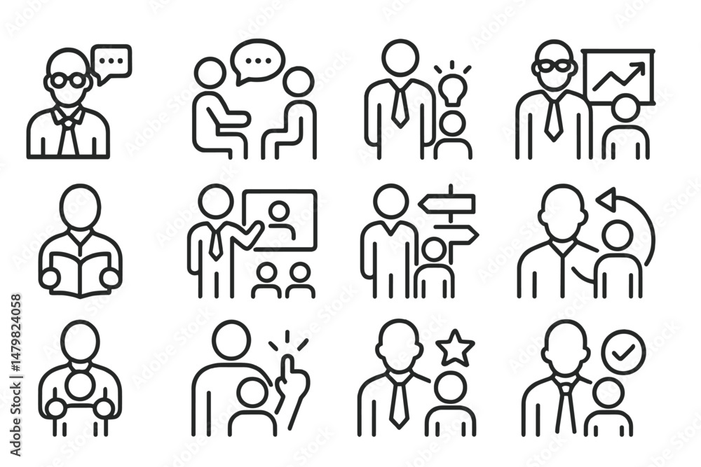 Poster collection of web icons illustrating communication, collaboration, and professional settings in a mi