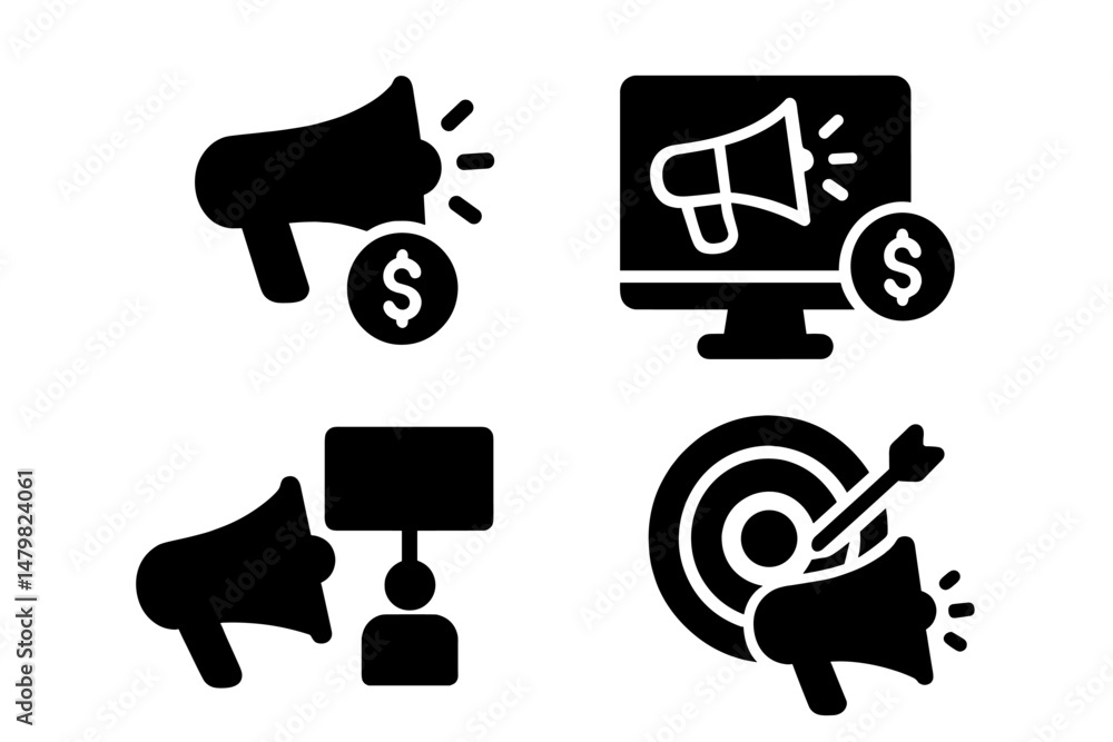Poster Set of web icons featuring marketing elements including megaphones, computer, and target
