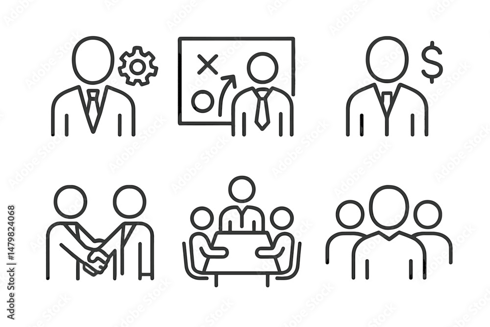 Poster gallery of business web icons illustrating teamwork, strategy, and collaboration concepts in a minim