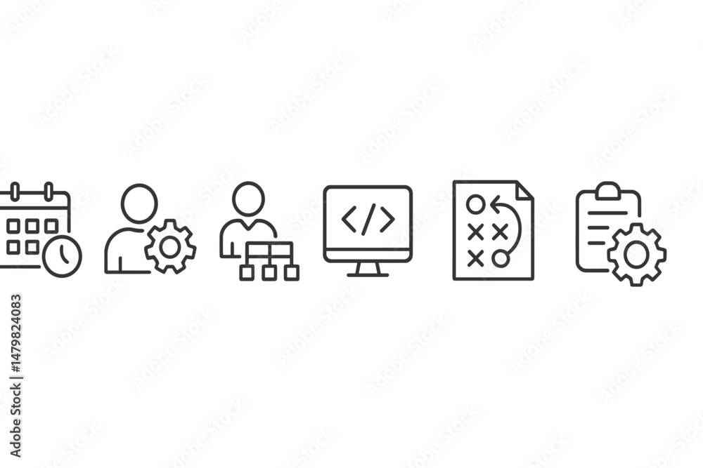 Fototapete web icons collection featuring calendar, teamwork, coding, and project management symbols for digita