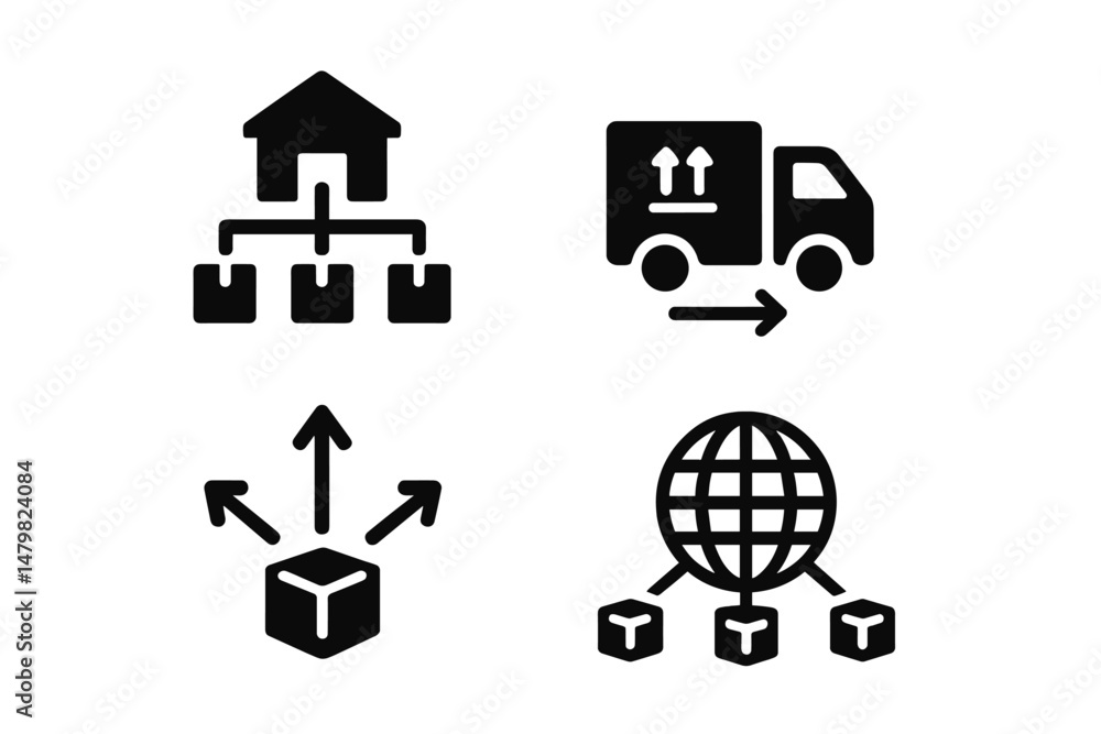 Poster set of web icons illustrating logistics, delivery, distribution, and global shipment concepts for di