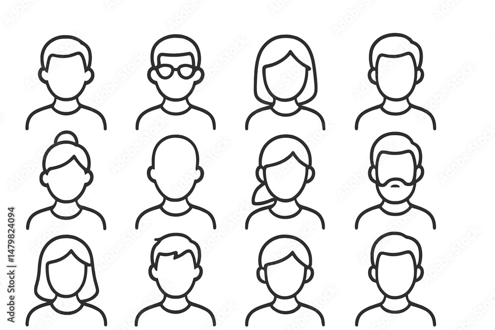 Poster collection of web icons representing diverse human characters in various poses and styles for modern
