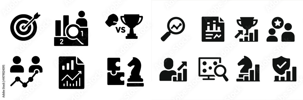 Poster Collection of versatile web icons designed for analytics, competition, and collaboration in digital environments