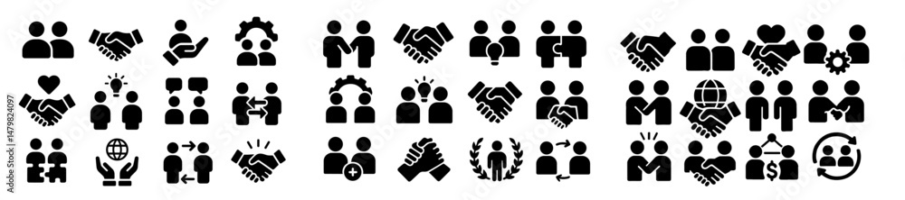 Poster web icons featuring diverse handshake symbols representing cooperation, partnership, and communicati