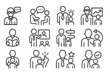 Collection of web icons illustrating communication, collaboration, and professional settings in a minimalist design