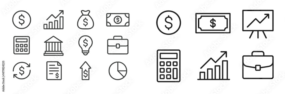 Poster set of web icons depicting financial themes and tools for business and investment applications