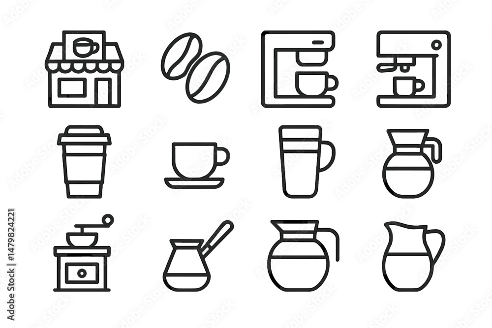 Poster Collection of web icons depicting coffee-related items and utensils for digital design projects