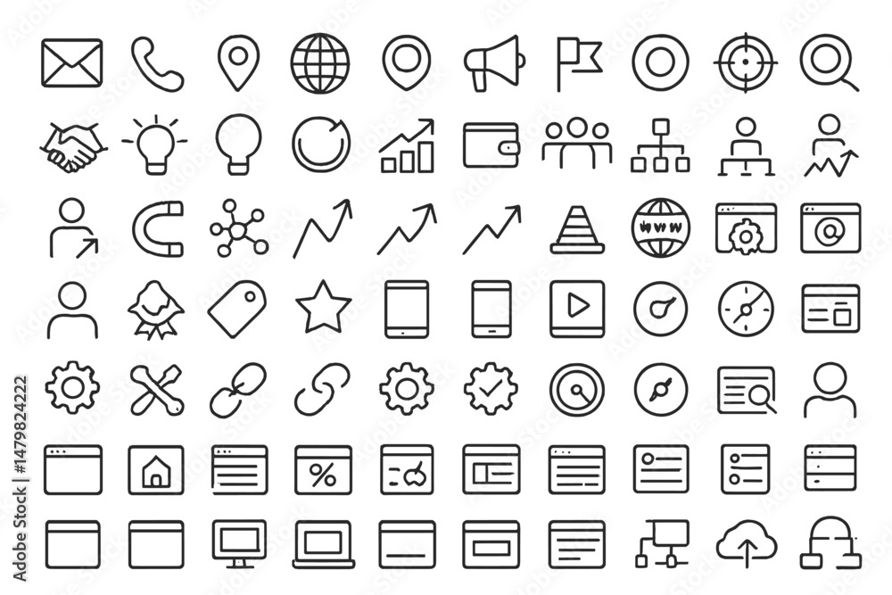Fototapete collection of minimalist web icons representing communication, analysis, and user interaction for di