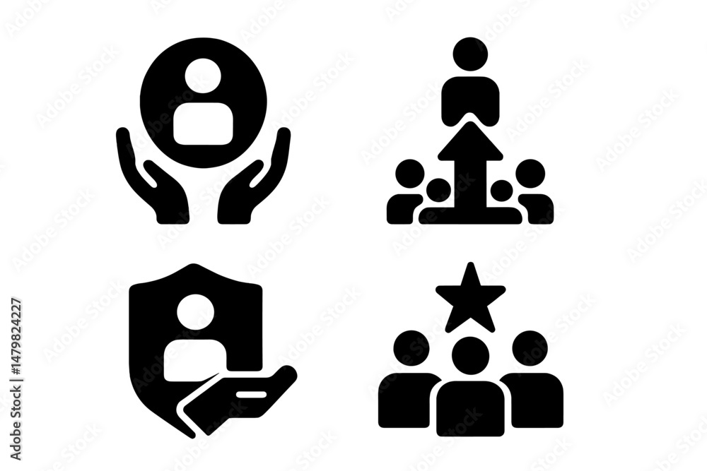 Poster set of web icons representing teamwork, support, and user engagement in a modern digital environment