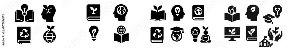Poster set of black web icons representing sustainable development and education themes for digital platfor