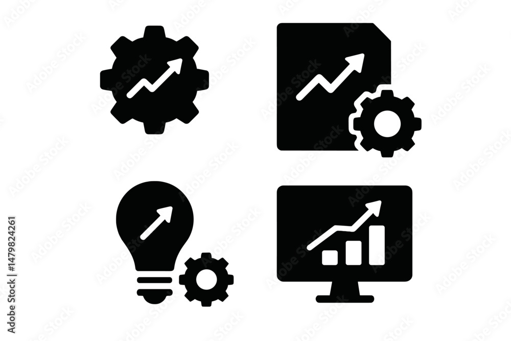 Poster set of web icons depicting gear, document, lightbulb, and computer with growth symbols for business 