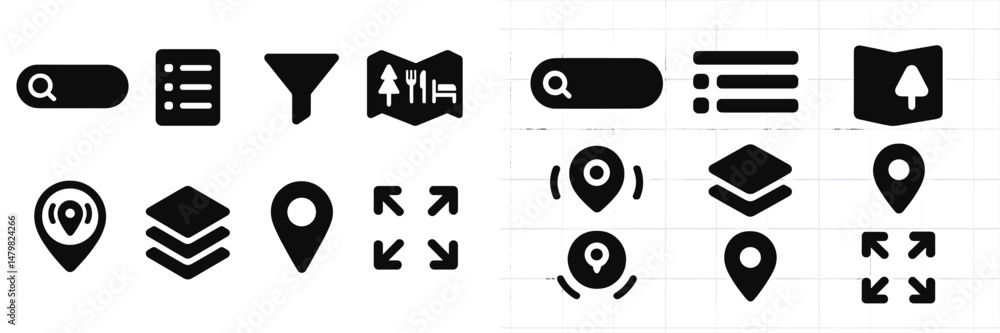 Poster collection of web icons featuring search, map, and navigation symbols for digital design projects