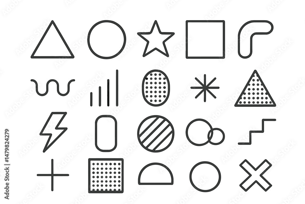 Poster collection of web icons featuring geometric shapes and symbols for design purposes