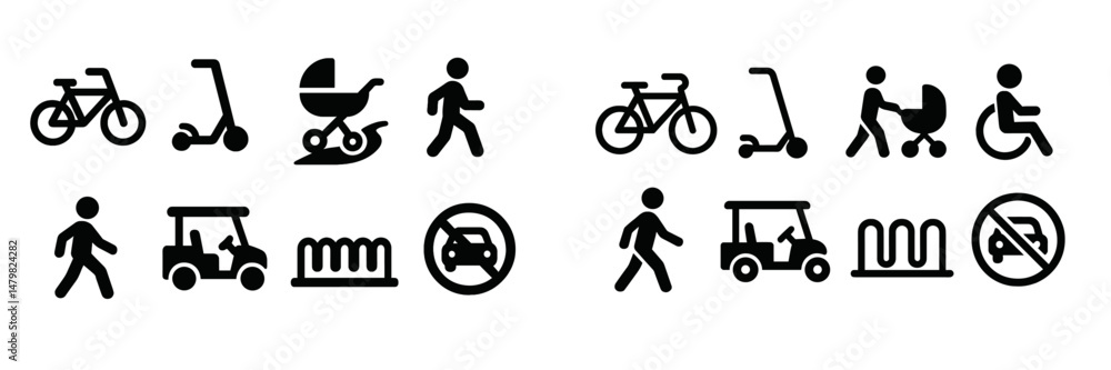 Poster various web icons representing transportation modes, pedestrian activities, and accessibility featur