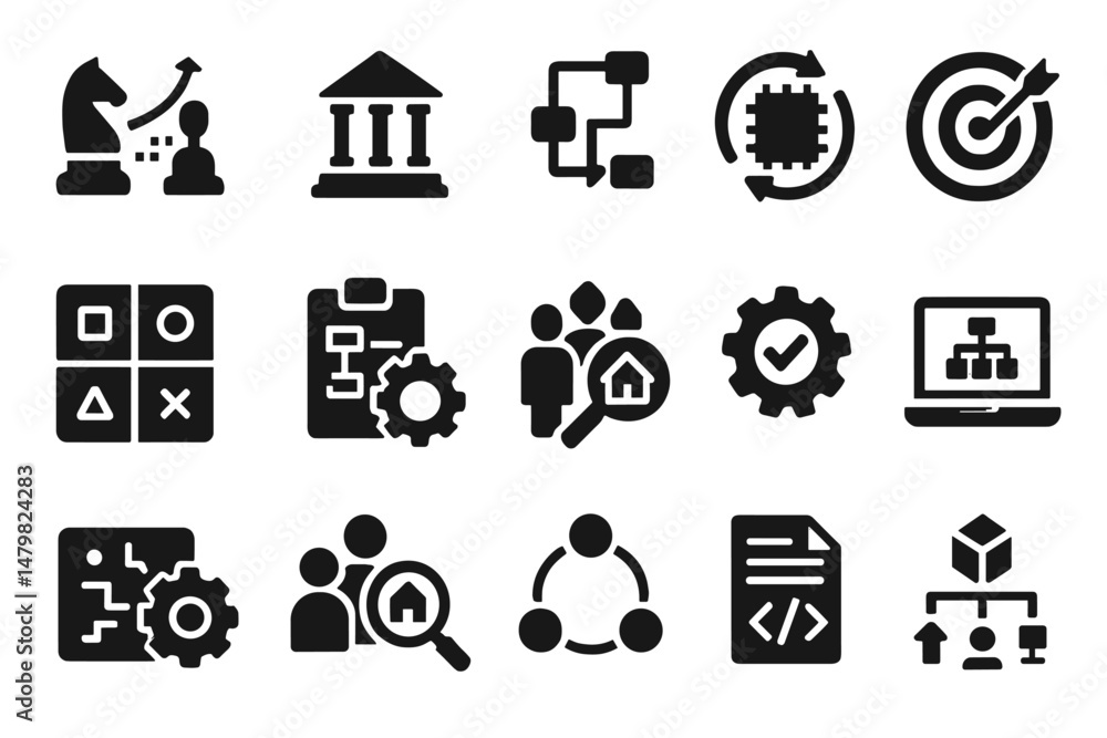 Poster collection of web icons depicting various concepts related to technology, strategy, and data managem