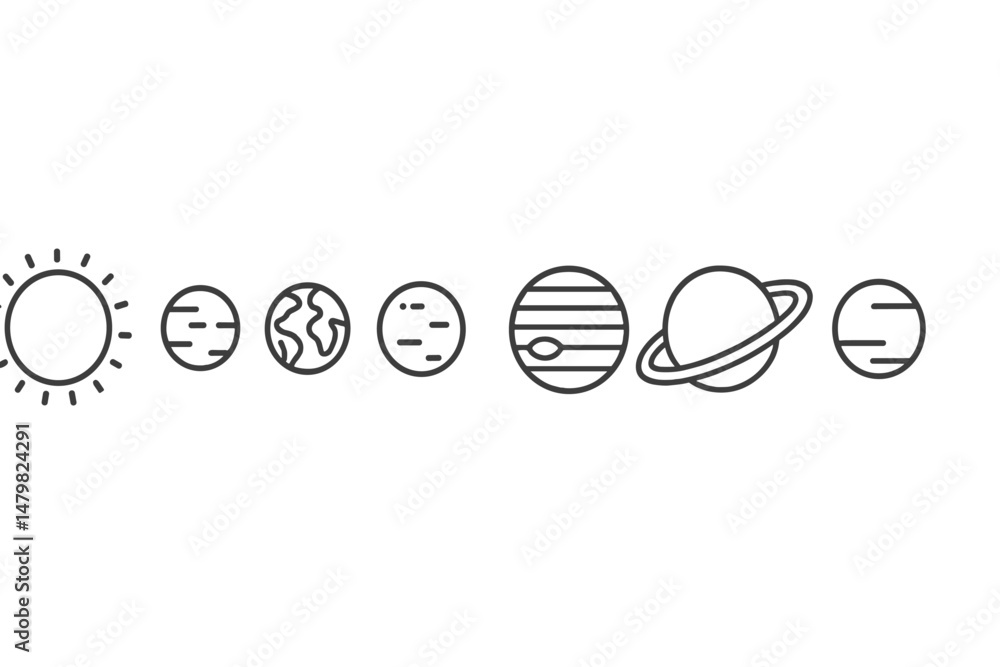 Poster Collection of web icons representing the solar system with planets and the sun in a minimalist design