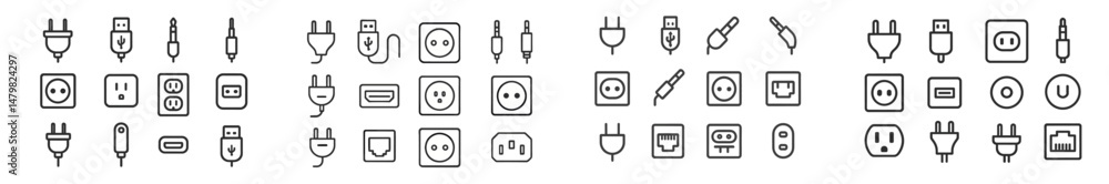 Aufkleber collection of web icons featuring various types of electrical plugs, sockets, and connectors for dig
