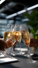 Obraz premium Team of two professionals raising glasses of champagne to celebrate business success together