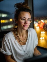 Young woman with glasses listening to music on a rainy night in a city