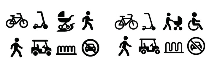 Various web icons representing transportation modes, pedestrian activities, and accessibility features in a cohesive set of symbols - obrazy, fototapety, plakaty