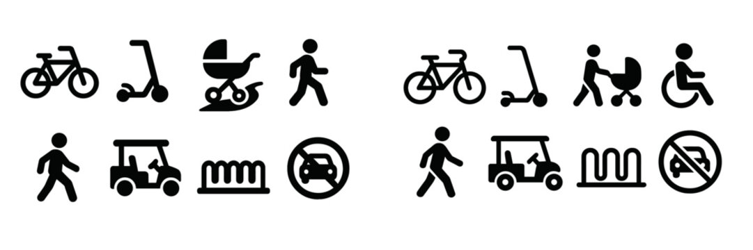 Various web icons representing transportation modes, pedestrian activities, and accessibility features in a cohesive set of symbols