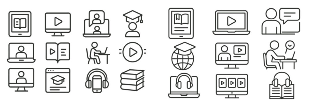 Collection of educational web icons representing various online learning tools and activities for digital classrooms