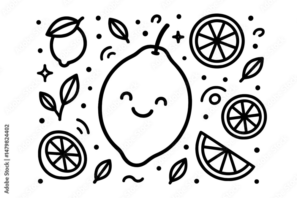 Poster set of web icons featuring cheerful lemon and citrus designs with playful elements and patterns
