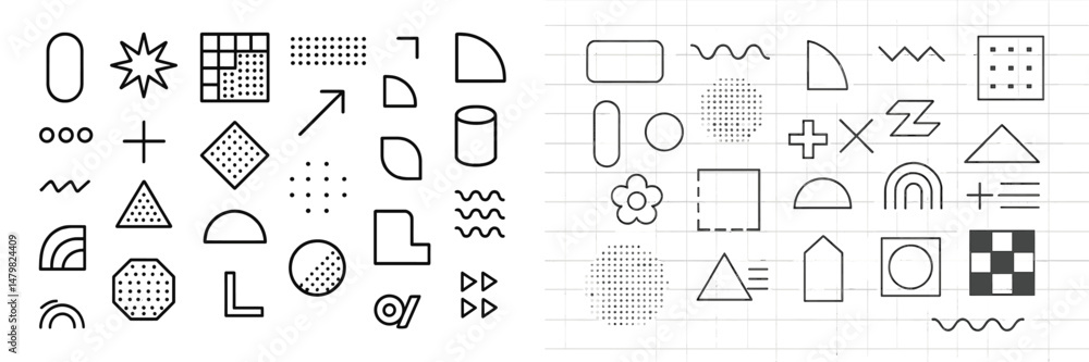 Poster collection of minimalist web icons featuring various shapes and designs for digital and graphical us