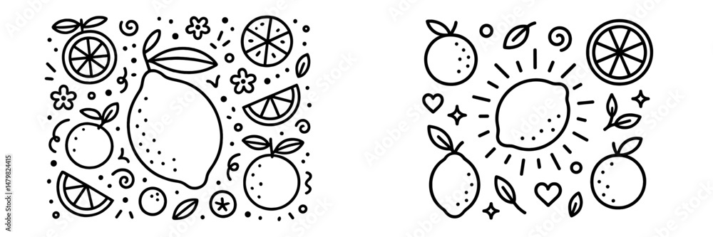 Poster variety of hand-drawn web icons featuring lemons and oranges in a playful arrangement with decorativ