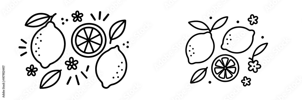 Leinwandbilder set of simple web icons featuring lemon illustrations with leaves and floral elements in a minimalis