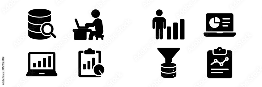 Poster set of web icons featuring data analysis, user interaction, and reporting elements for digital appli