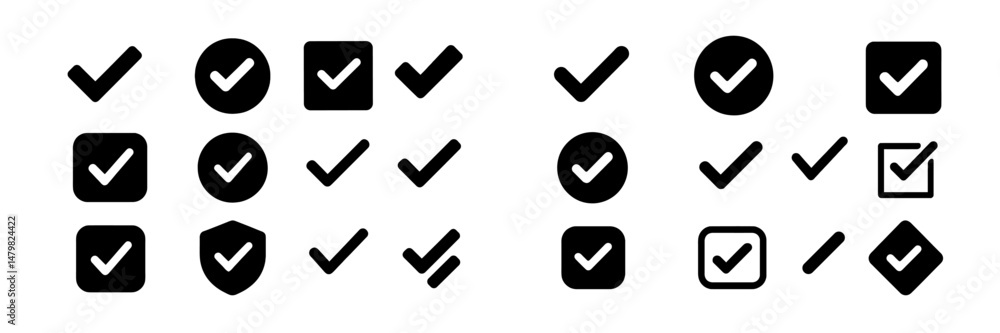 Poster collection of web icons featuring various checkmark designs for digital applications and interfaces