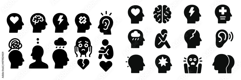 Aufkleber Collection of web icons representing mental health concepts and emotions in a monochrome design for digital use