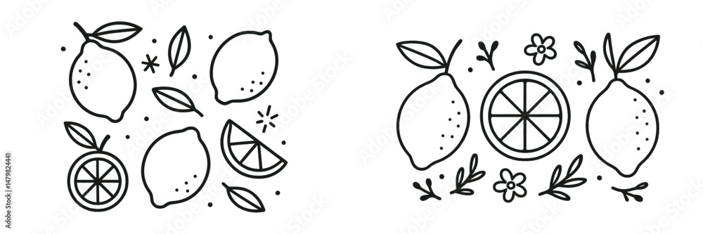 Poster Set of minimalist black and white web icons featuring lemons and lemon slices with floral elements and decorative accents