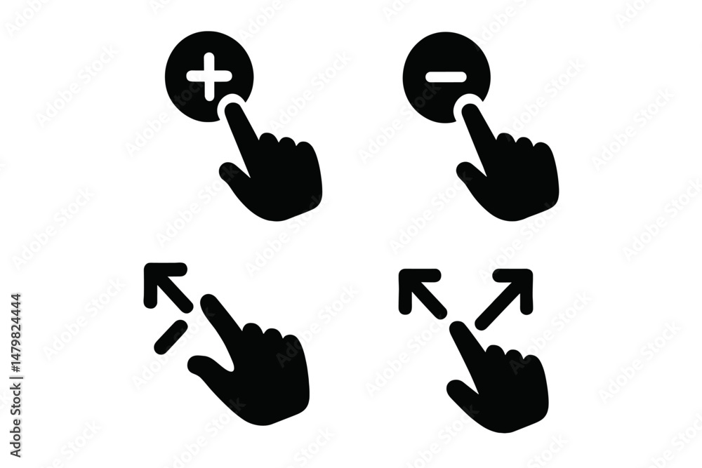 Fototapete set of web icons featuring hand gestures for zoom in, zoom out, and screen adjustments, designed for