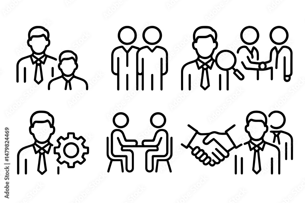 Poster set of web icons featuring professional interactions and teamwork illustrations for digital design p
