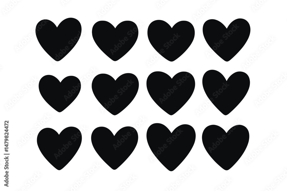 Poster set of twelve black heart icons in a simple and clean arrangement for digital use