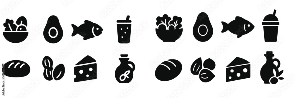 Poster collection of minimalist web icons representing food items and beverages for design projects and app