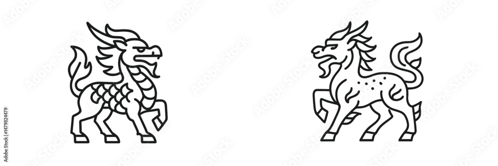 Fototapete unique set of web icons featuring mythical creatures in bold line art style for digital design proje