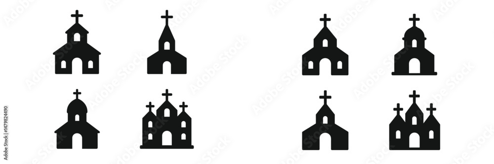 Aufkleber collection of web icons depicting various church designs and silhouettes for use in digital projects