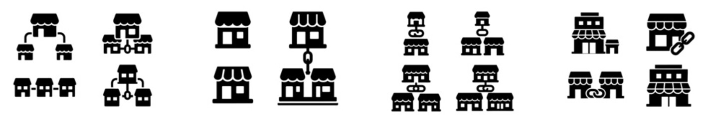 Collection of web icons featuring various storefront designs and shop structures for digital applications