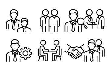 Set of web icons featuring professional interactions and teamwork illustrations for digital design projects