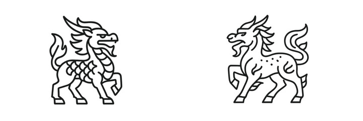 Fototapeta premium Unique set of web icons featuring mythical creatures in bold line art style for digital design projects