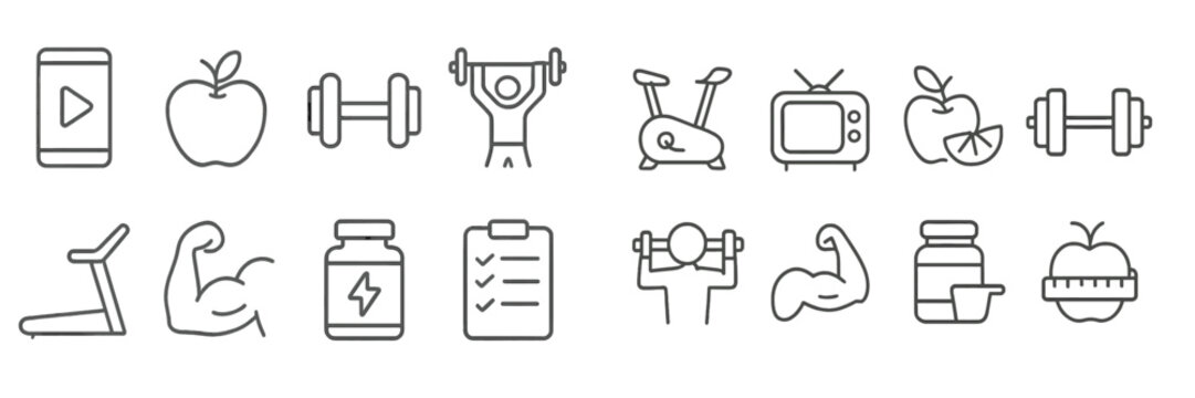 Web icons representing fitness, nutrition, and health activities for digital applications