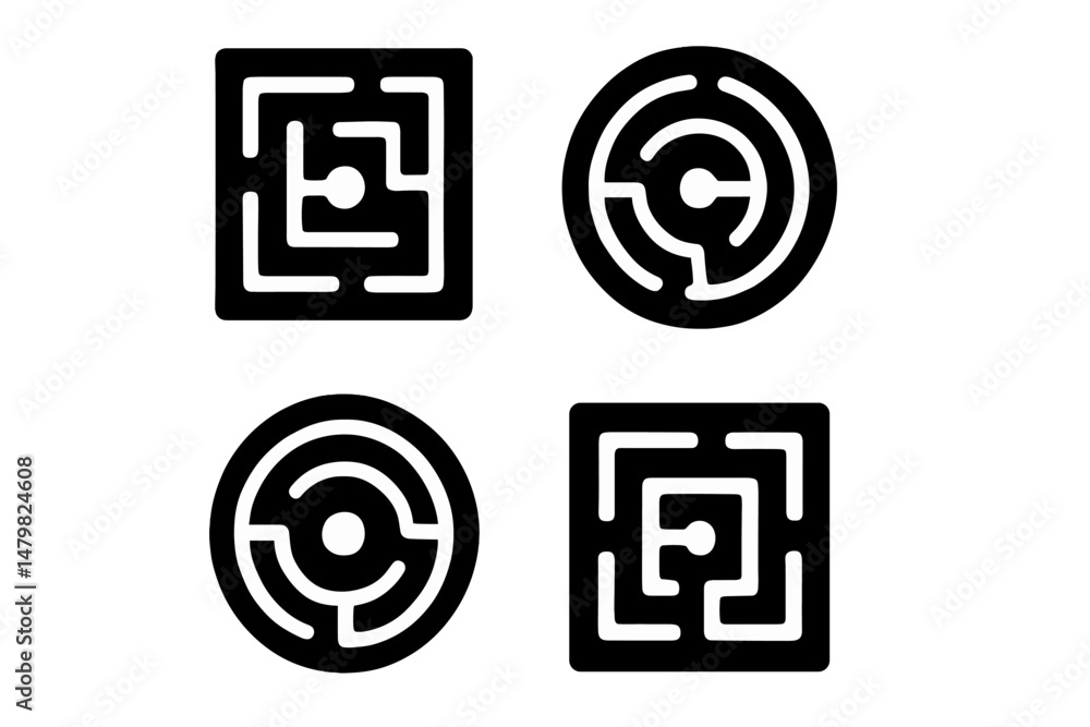 Poster collection of modern web icons featuring abstract maze designs for user interface applications