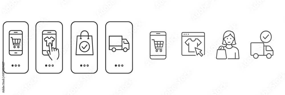 Aufkleber set of web icons illustrating the online shopping process from selection to delivery