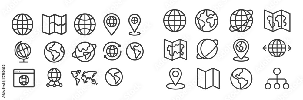 Poster set of web icons showcasing various globes, maps, and location markers for digital applications and 