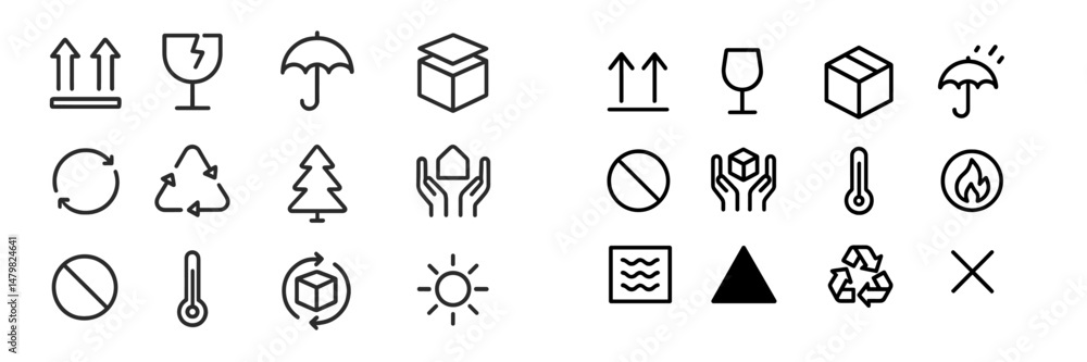 Aufkleber collection of minimalistic web icons featuring various themes such as recycling, delivery, and safet