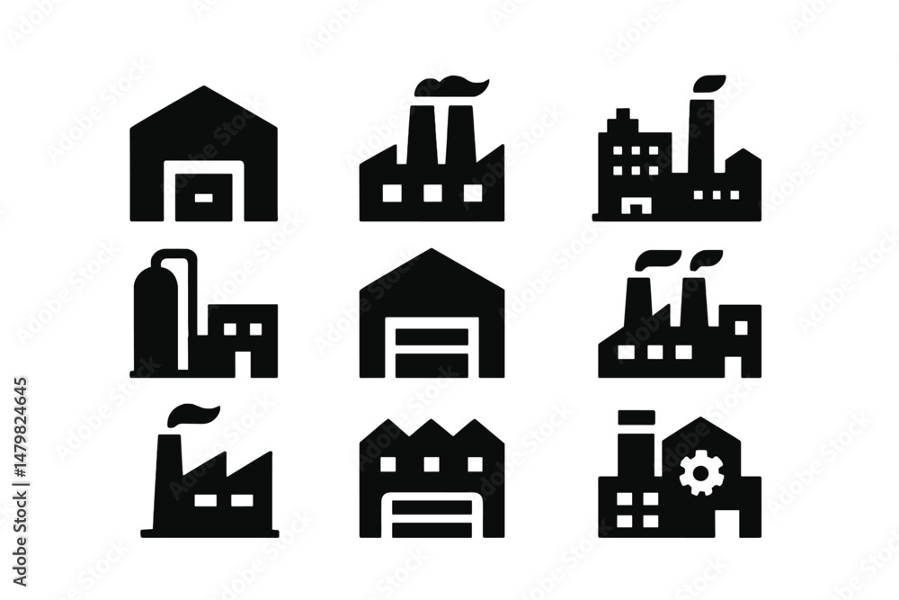 Poster collection of black and white industrial web icons representing factories and buildings in a grid la